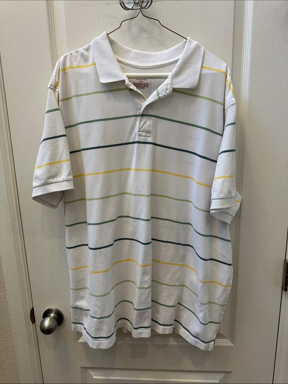 Merona White Polo with Green and Yellow Stripes